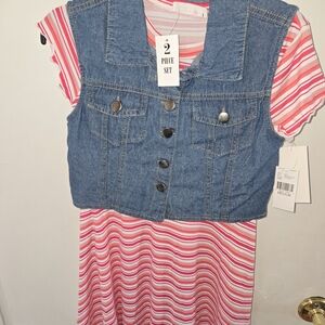 Beautees Pink and Blue Striped Dress with Denim Vest